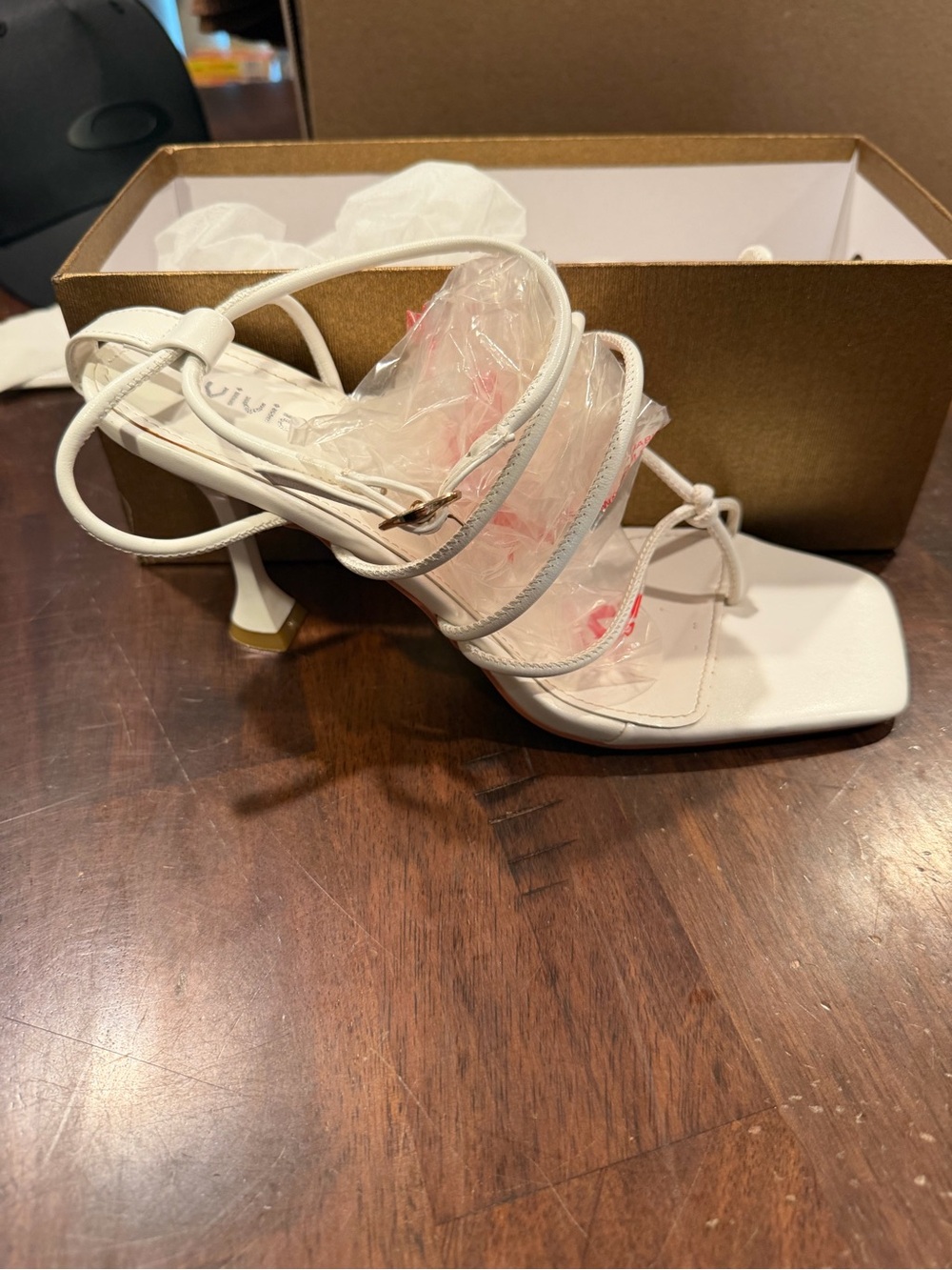 Vivianly Women’s Thong Ankle Strap Heel Sandals Square toe white size 7 M US